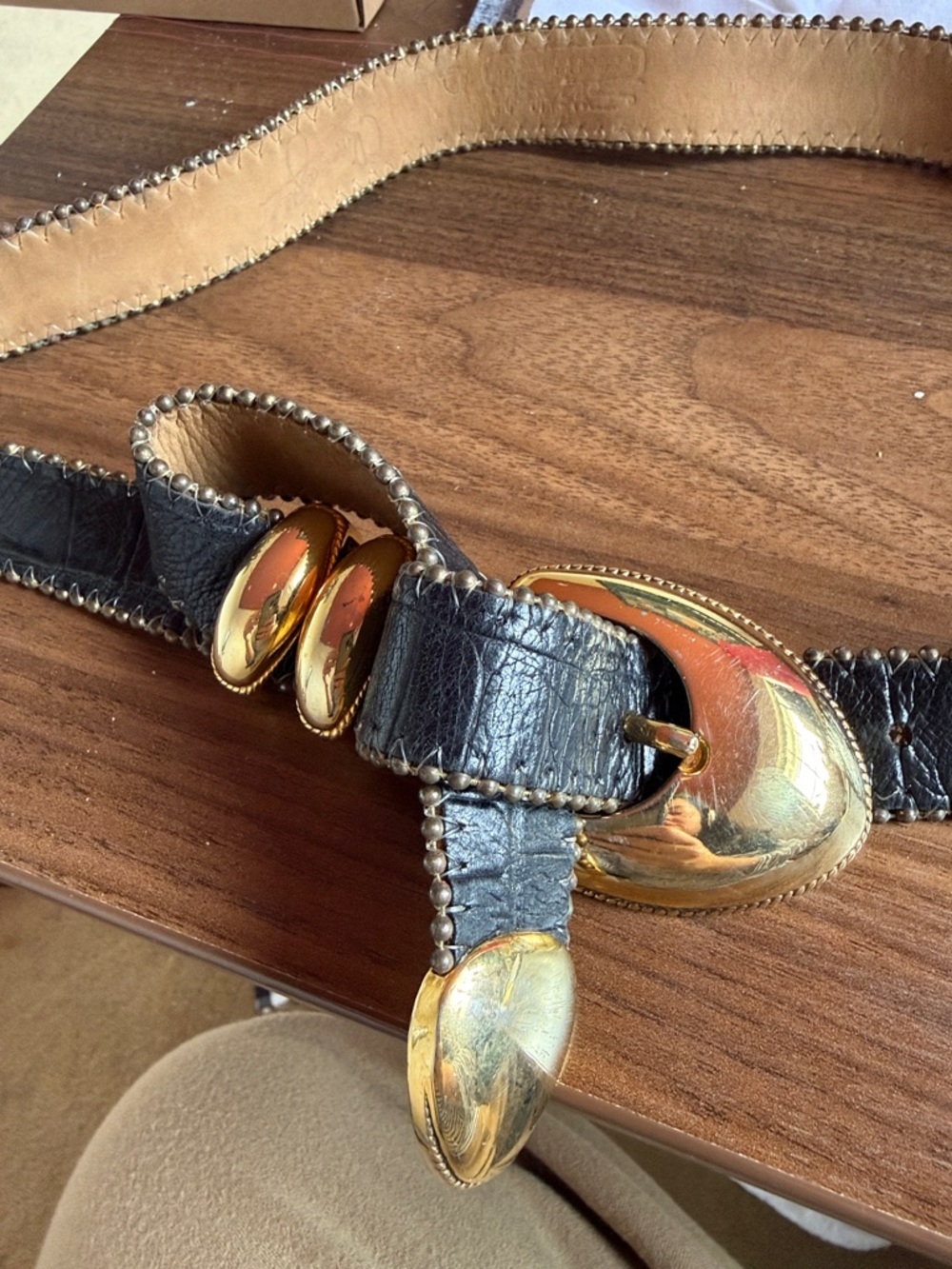 Champagne Black and Tan Leather Belt with Gold Buckle